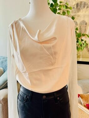 Classic White Draped Blouse, sheer sleeves